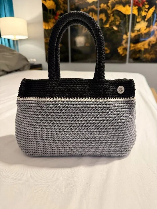 Vintage The Sak Mini Tote Handbag Grey Black Crochet Knit Top Handle Boho Bag