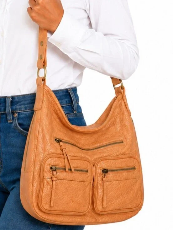 👜 Camel Tan Convertible Hobo Shoulder Crossbody Bag Multi Pocket Slouchy Boho