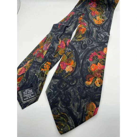 Ungaro Paris Mens Silk Tie Italy Fruit Floral Painterly Charcoal Multicolor