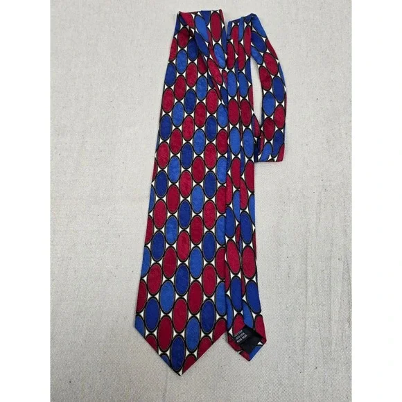 Bachrach Mens Silk Necktie Blue‎ Red Geometric Oval Pattern Made in Italy