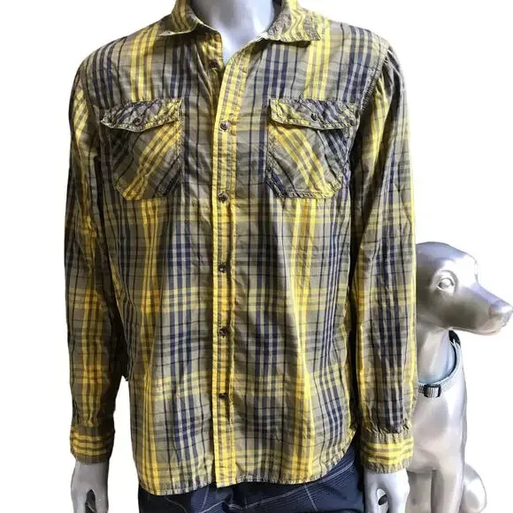North Face Button Down Plaid Yellow Cotton Long Sleeve Shirt Men's Size Large