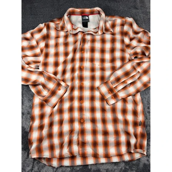 The North Face Mens Orange Plaid Long Sleeve Hiking Button Down Shirt Size Med