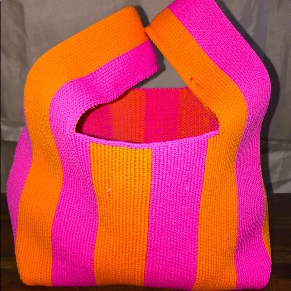 H&M Mini Striped Hobo Bag Neon Orange Pink Cute Stretch Tote Travel Accessory
