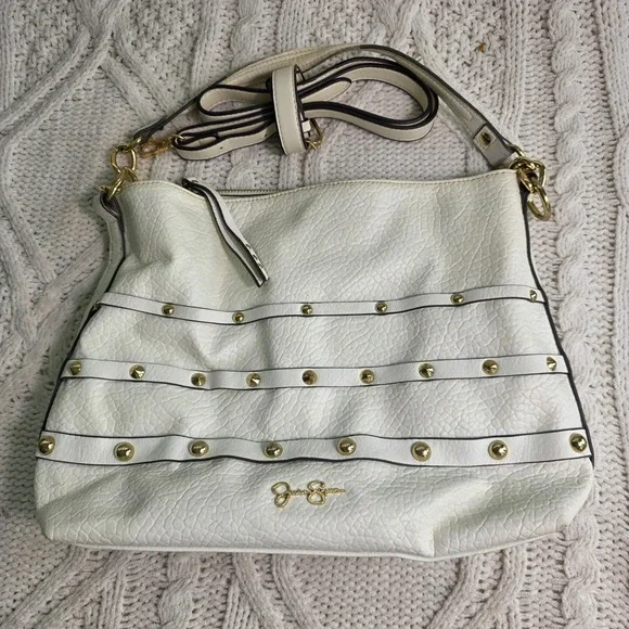 Jessica Simpson Hobo Bag White Gold Studded Faux Leather Shoulder Y2k Summer‎