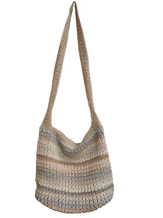 The Sak Crochet Hobo Shoulder Bag Neutral Stripe Boho Slouch Large Zip Neutral
