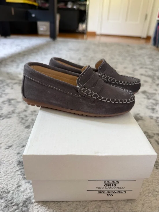 Kids Grey Suede Penny Loafers with Contrast Stitching