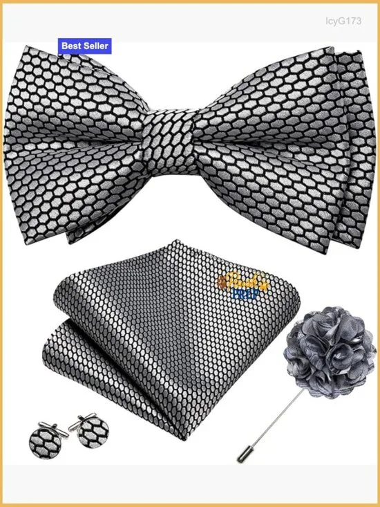 Men's Pre-Tied Bow Tie Set with Pocket Square and Cufflinks for Wedding