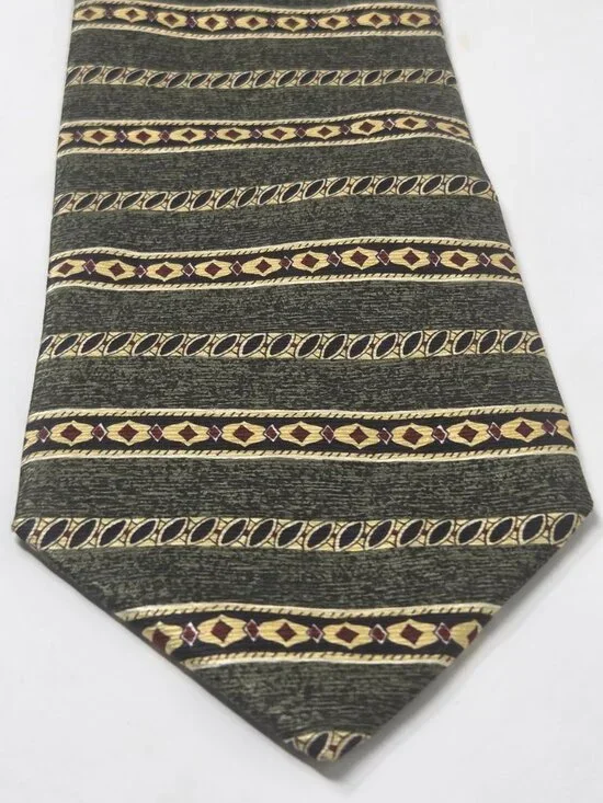 Charleston Tie Rack 100% Silk Tie 59 Inch Olive Green Geometric Stripe Italy