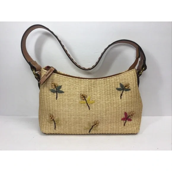 Vintage Fossil Straw Shoulder Bag Hobo Purse Beaded Accents‎ 9in x 6in