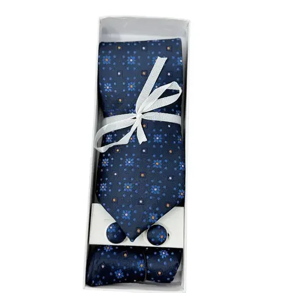Dark Blue Floral Tie, Cufflinks, Handkerchief Set