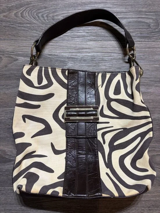 Nine West Zebra Print Hobo Shoulder Bag Faux Leather Brown Cream Y2K Pink Lining