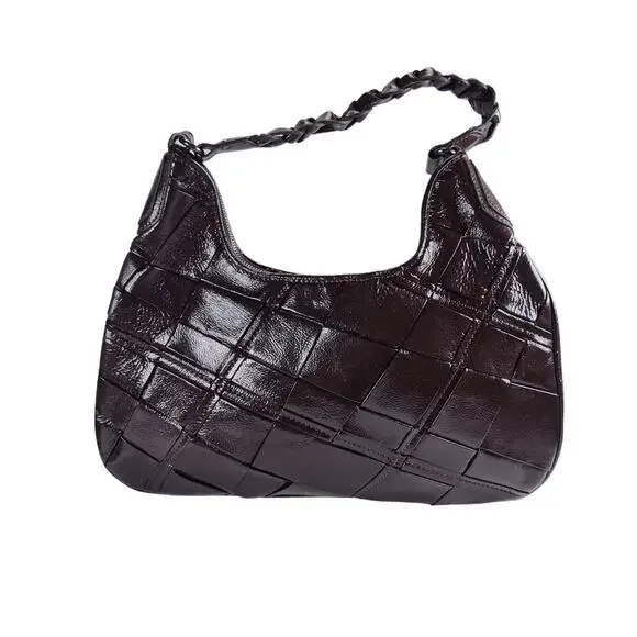 Elliott Lucca Brown Patent Leather Woven Hobo Shoulder Bag Y2K Pig Leather