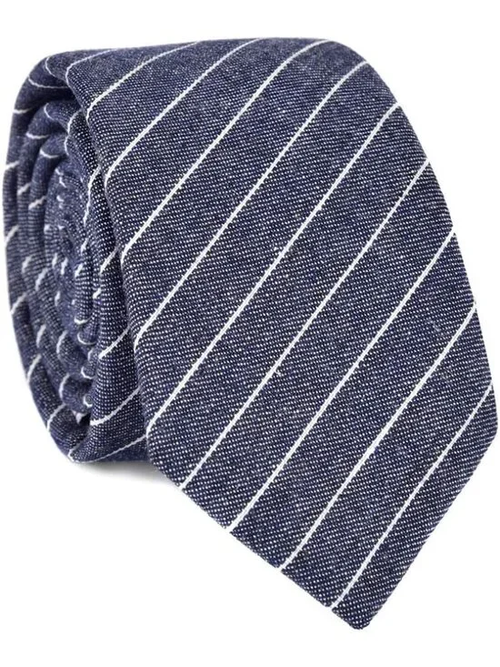 Men White Blue Stripes Heather Cotton Linen Textured Formal Necktie For Business