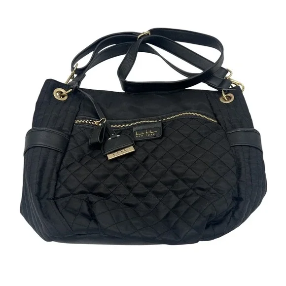 Nicole Miller New York Black Quilted Nylon Shoulder Bag‎ Hobo Leopard Lining