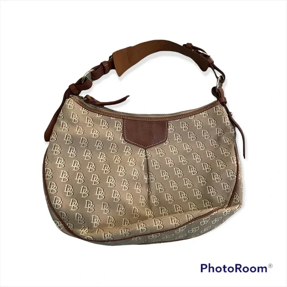 Dooney and Bourke Luisa Monogram Canvas and Leather Trim Hobo Bag in Tan