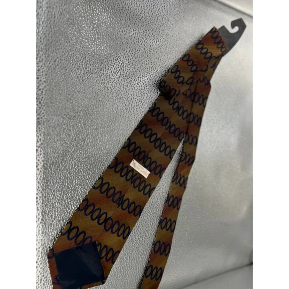Vintage 100% Pure Silk Necktie Gold Rust Orange Navy Blue Geometric Oval Pattern