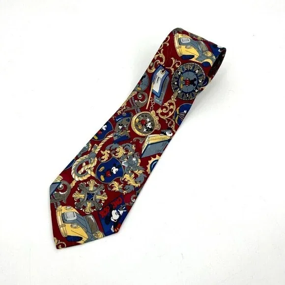 MICKY UNLIMITED Men's Red Yellow Blue Disney Mickey Mouse Clock Car Neck Tie