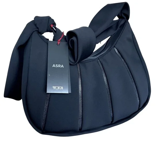 TUMI Asra Small Hobo Bag‎ Black Nylon Pleated Knotted Shoulder Strap Handbag NEW