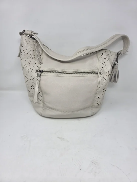 ​The Sak Off White Pebbled Leather Hobo Bag Perforated Cutout Tassel