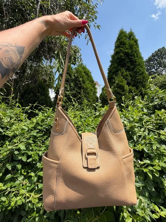 Vintage Fossil Beige Pebbled Leather Hobo Shoulder Bag Y2K Slouchy Flap Purse