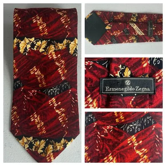 Ermenegildo Zegna Men's 100 % Silk Tie Red Yellow Black Abstract Floral Pattern