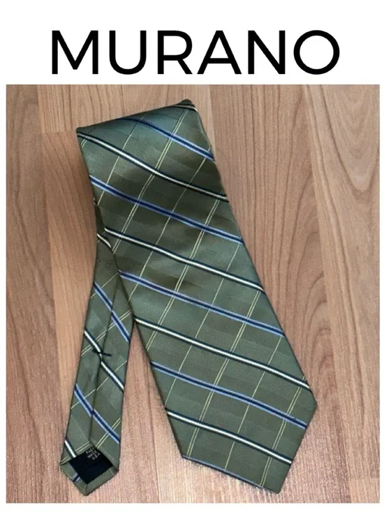 MURANO 100% Silk Tie Olive Sage Green Plaid Diagonal Stripes Blue White