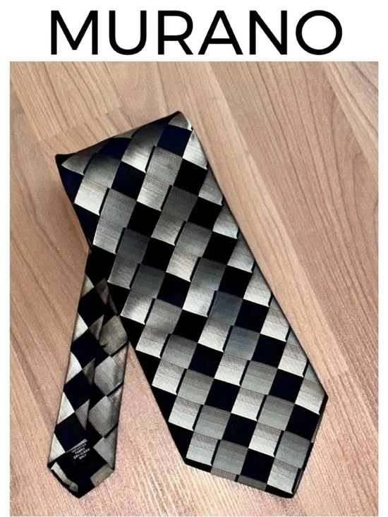 MURANO 100% Silk Tie Black Gray Tan Blocks Cubes Diamond Squares
