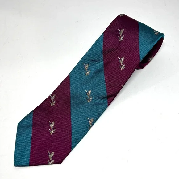 Chatham Ltd Necktie‎ Mens OS Teal Burgundy Mallard Duck Stripe Silk Handmade