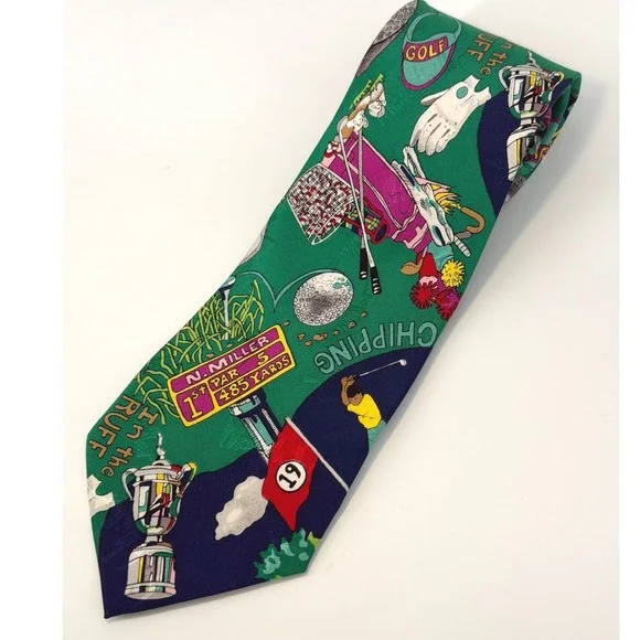 Nicole Miller Mens Vintage 1993 Golf Novelty Silk Tie Green‎ Navy Blue Sports