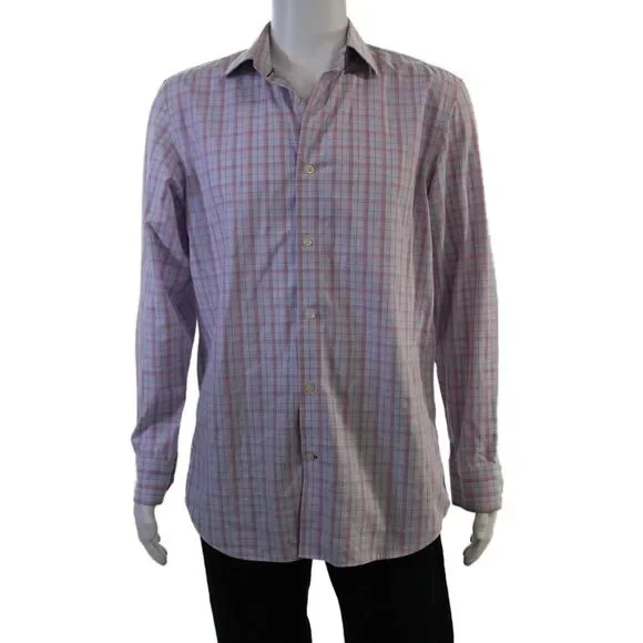 Banana Republic Mens Check Cotton Button Up Spread Collar Light Blue Size L
