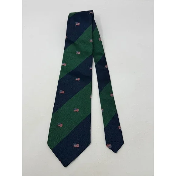 Polo Ralph Lauren Silk Tie Navy Green Stripe American Flag‎ Handmade Made in USA