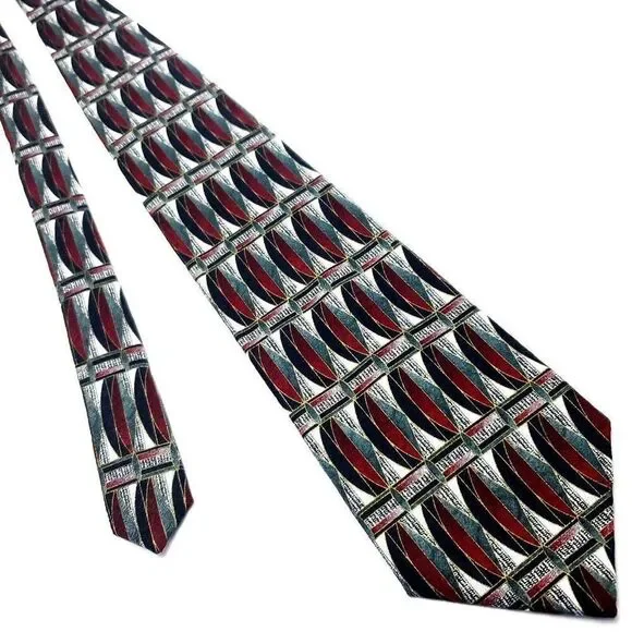 Pierre Cardin Gray Red Silk Tie Woven‎ Wide Geometric