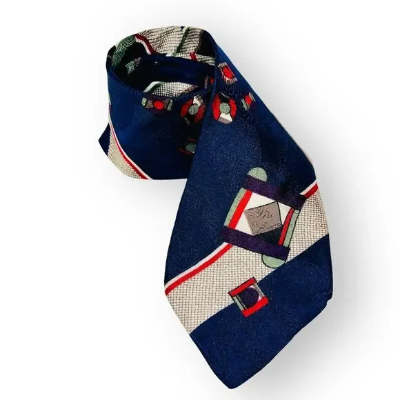 Bugatti Neck Tie 100%‎ Italian Silk Made in USA Geometric Navy Blue Red Green