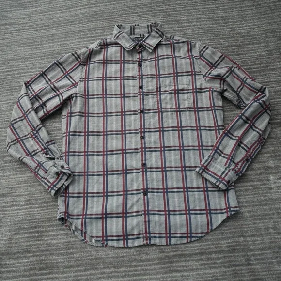 Banana Republic Luxe Shirt Men Camden Fit Gray Red‎ Plaid Cotton Medium