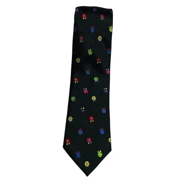 Bugatchi Mens Silk Tie Black Multi-Color Floral Embroidered Made‎ in Italy