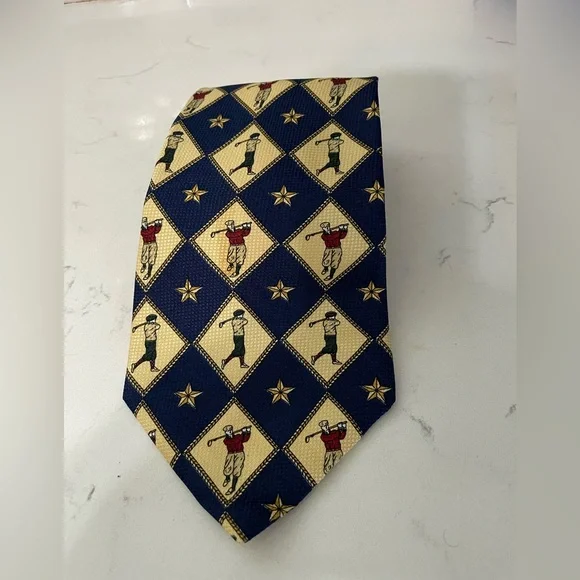 Tommy Hilfiger beige Navy blue Diamond Golfers Print 100% Silk Tie made in USA