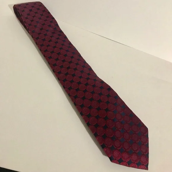 Bugatchi Mens Silk Necktie Burgundy Navy Blue Geometric Circle Pattern Tie‎