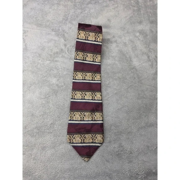 Raphael Roma Milano Mens Silk Tie‎ Burgundy Gold Striped Baroque Pattern Italian