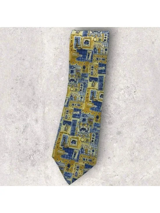 TIE RACK Silk Tie ITALY Yellow Blue PARIS IS BEAUTIFUL W:3.6