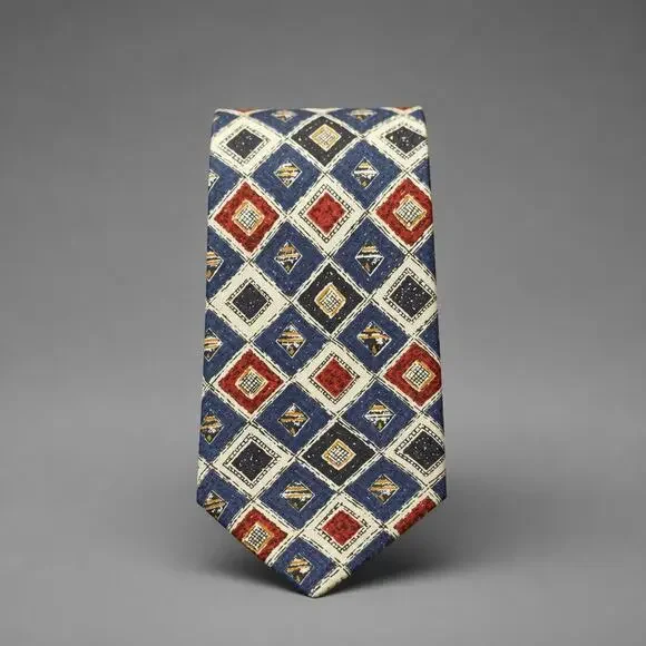 VTG Countess Mara Silk Tie Blue  Geometric Mosaic Diamond Gold Coin Crest USA