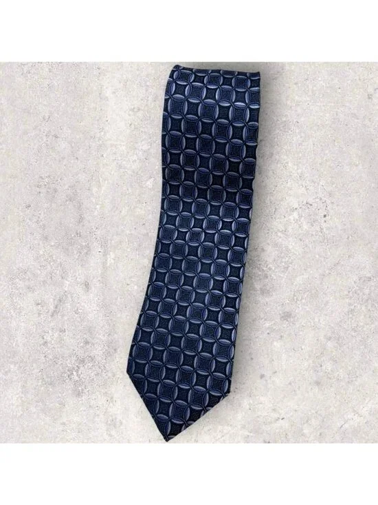 7 DOWNIE ST Silk Tie ITALY XL Navy Blue Geometric W:3.4