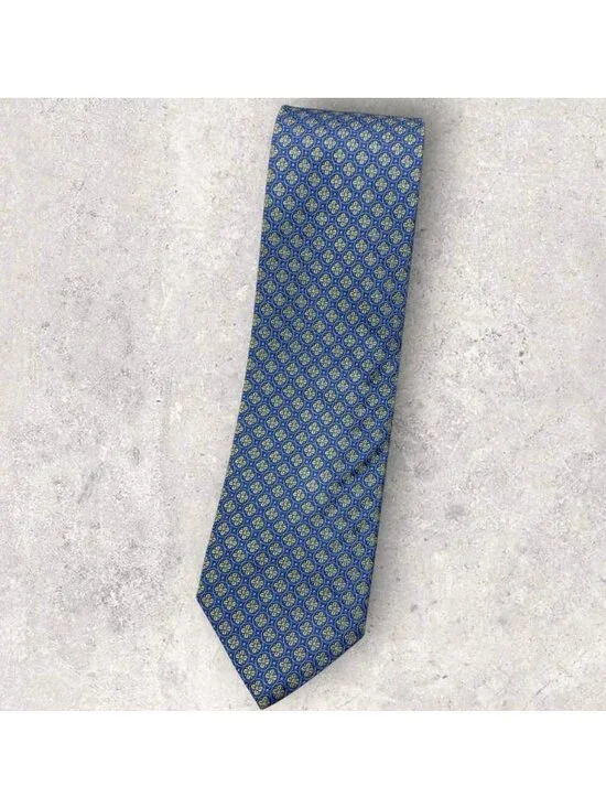 BROOKS BROTHERS Silk Tie USA Blue Gold Geometric Floral W:3.6