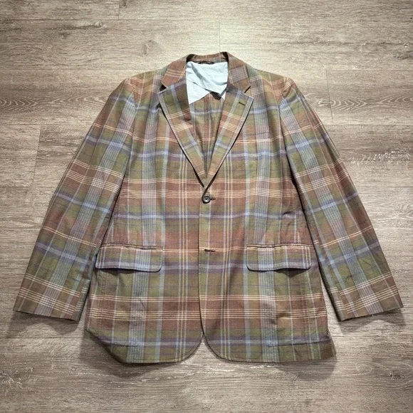 Banana Republic Sport Coat Men 42L Brown Plaid Cotton Linen Unconstructed Blazer