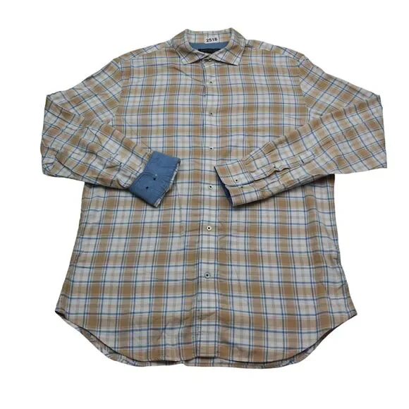 Banana Republic Shirt Mens Large Brown Plaid Button Up Flip Cuff Work Dress