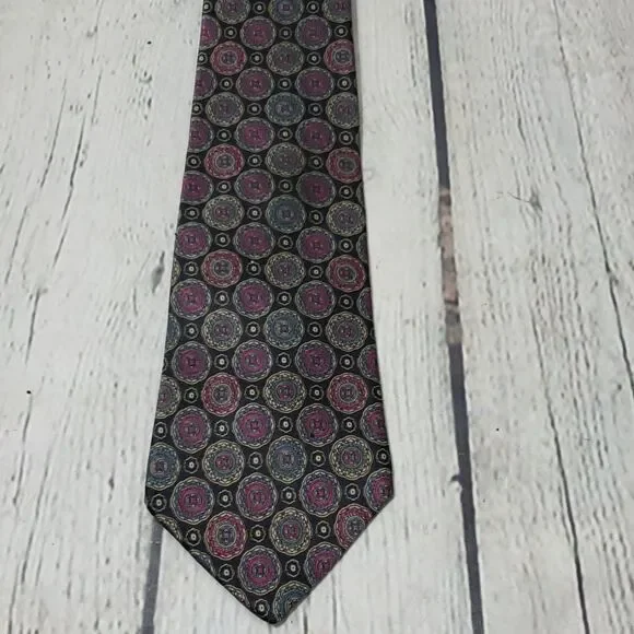 Vintage Italian Silk Black Purple Eclectic Medallion Print Tie