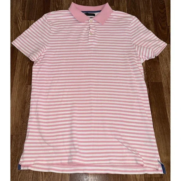 Banana Republic Mens L Pink‎ White Striped Pique Polo Shirt Standard Fit 887858