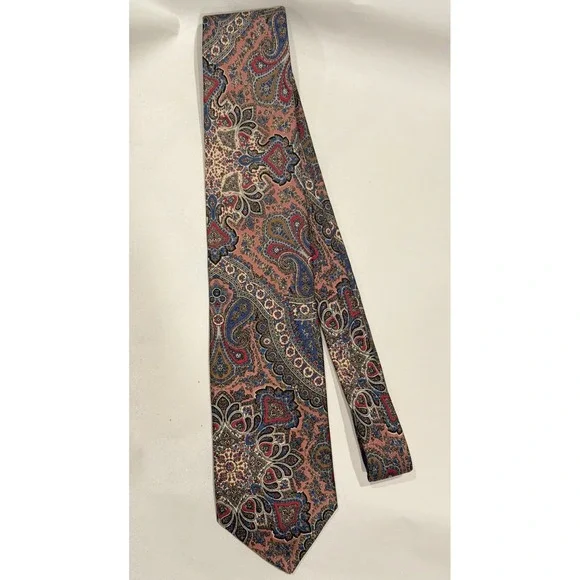 Mallory & Church London 1980s Vintage Silk Necktie Paisley Red Blue Gold Beige