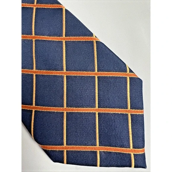 Nautica Blue Orange Geometric Grid Windowpane Silk Tie Business Casual Preppy