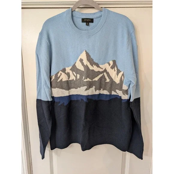 Banana Republic Mens XL Mountain Landscape Cotton Wool Sweater apres ski winter