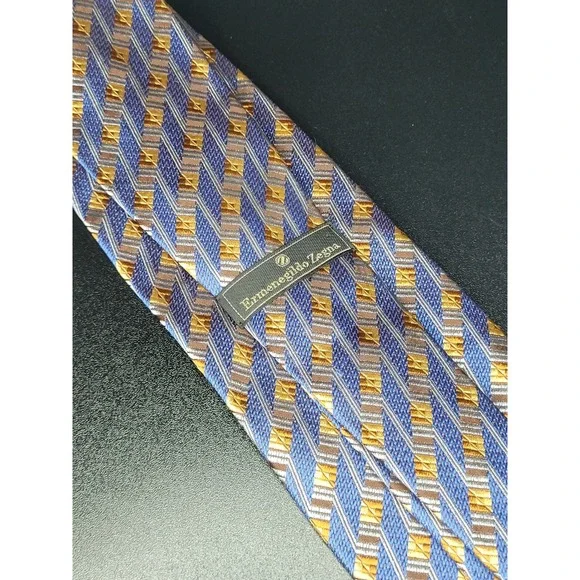 Ermenegildo Zegna Men's Necktie Blue Gold Geometric Silk 3.75x58 Excellent
